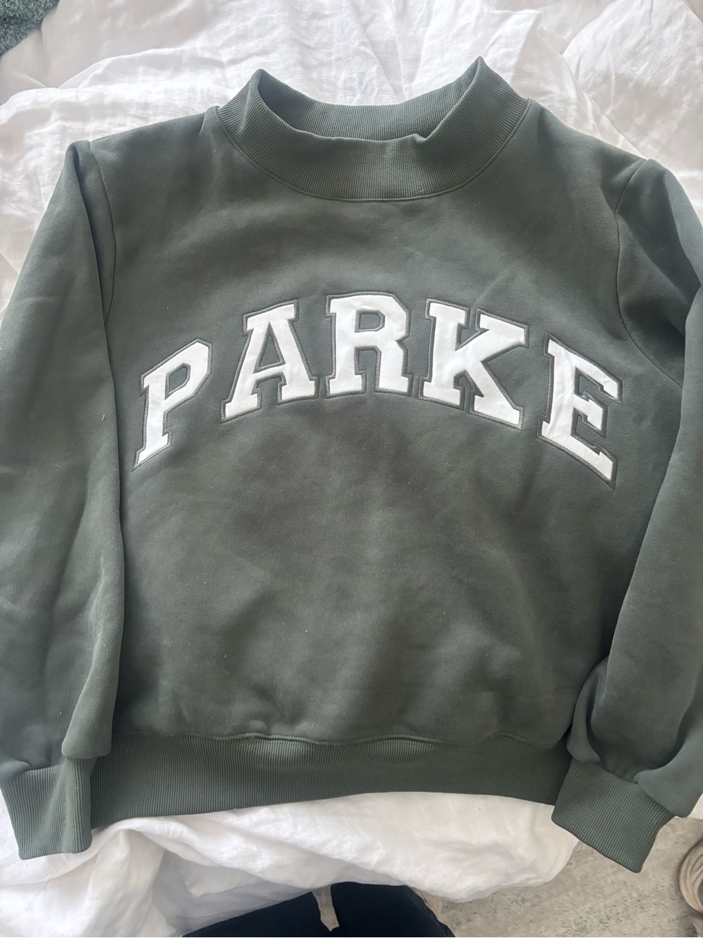 Parker Olive Crewneck Sweater with White Varsity Lettering